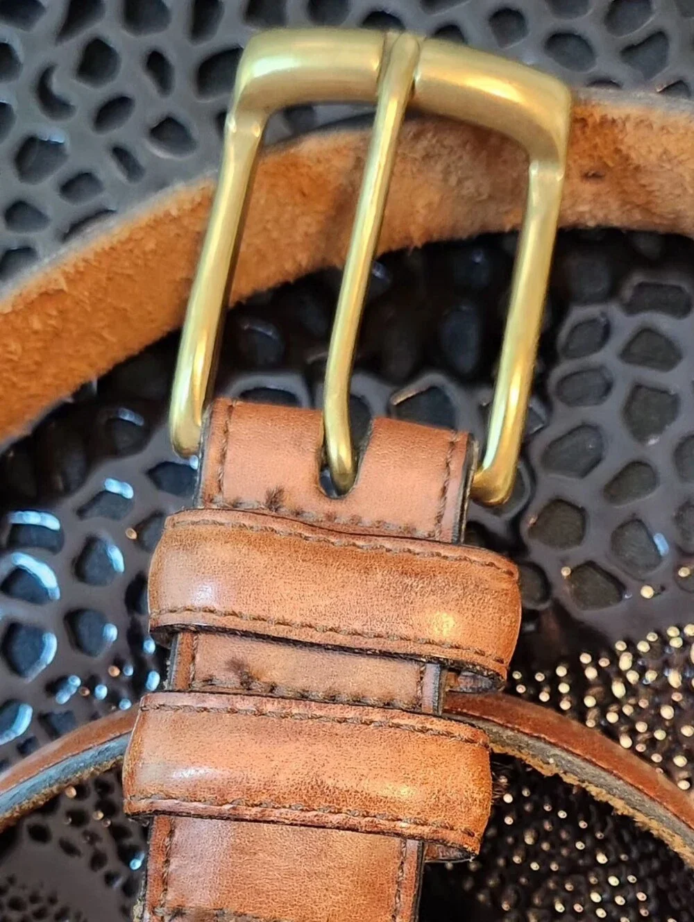 Vintage-style Brown Leather Belt With Solid Brass Buckle & Double Loop Keepers